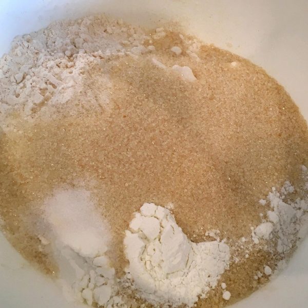 Flour, sugar, and dry ingredients in a bowl 