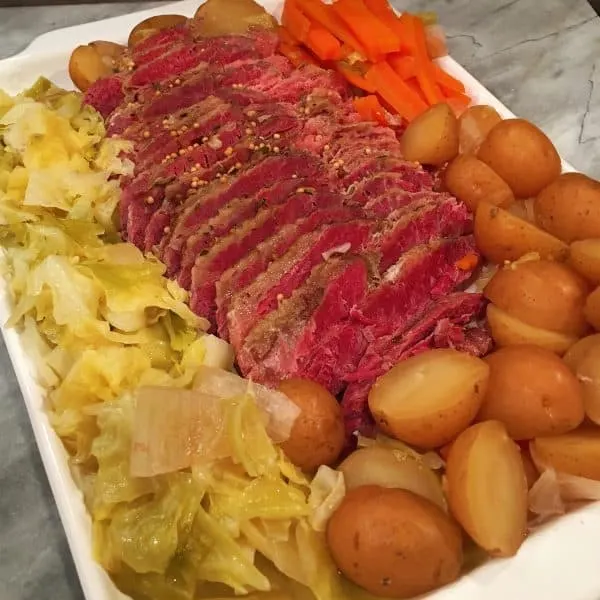 Corn Beef and Vegetables on platter.