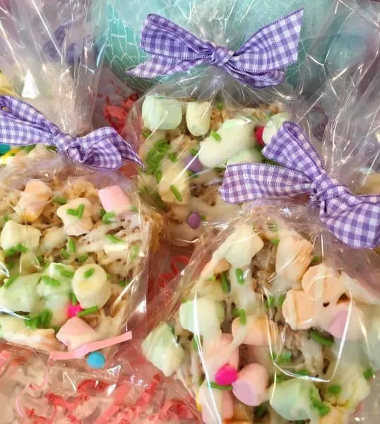 Easter Rice Krispie Treats wrapped in cello bags with ribbons for gifts