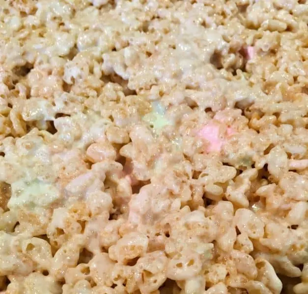Soft chewy Rice Krispie treats in a large pan