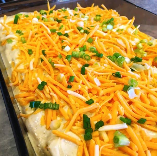 Chicken Enchiladas topped off with grated cheese, diced green onions, ready for the oven
