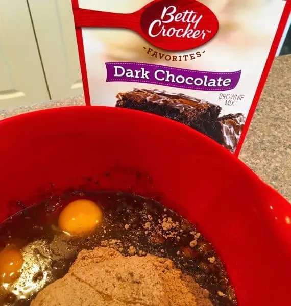 Brownie Mix with eggs, water and oil in mixing bowl