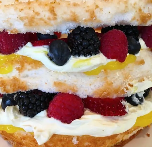 Close up photo of layers of the Easy Lemon Berry Cake