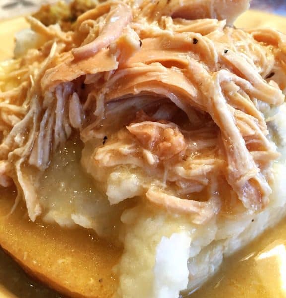 Slow Cooker Chicken and Gravy on mashed potatoes and bread