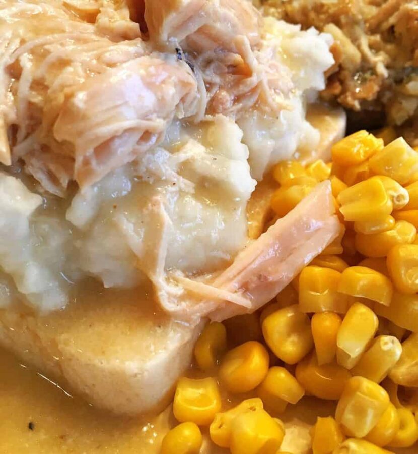 Chicken, corn, mashed potatoes and gravy