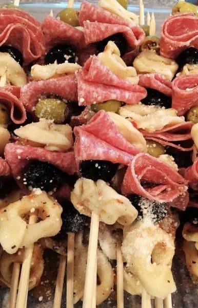 Tortellini Kabobs with olives, salami, and tortellini