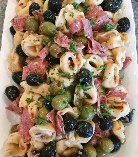 Tortellini Olive Salad on a serving platter