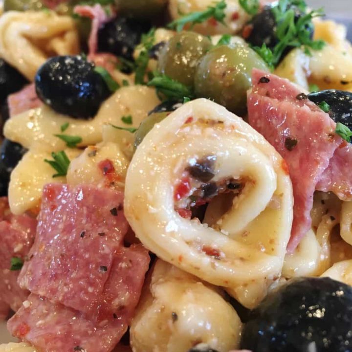 Tortellini Salad with Olives in a bowl.
