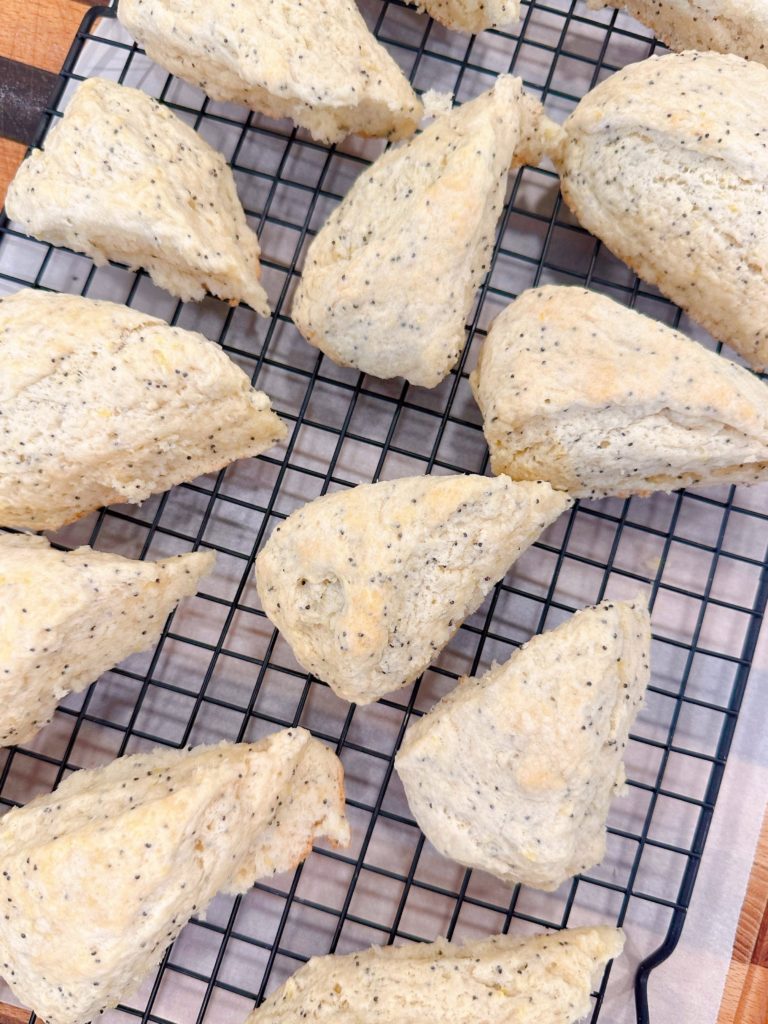 Baked scones on a cooling rack.