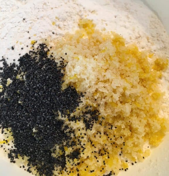 mix for scones, flour, lemon zest, and flour