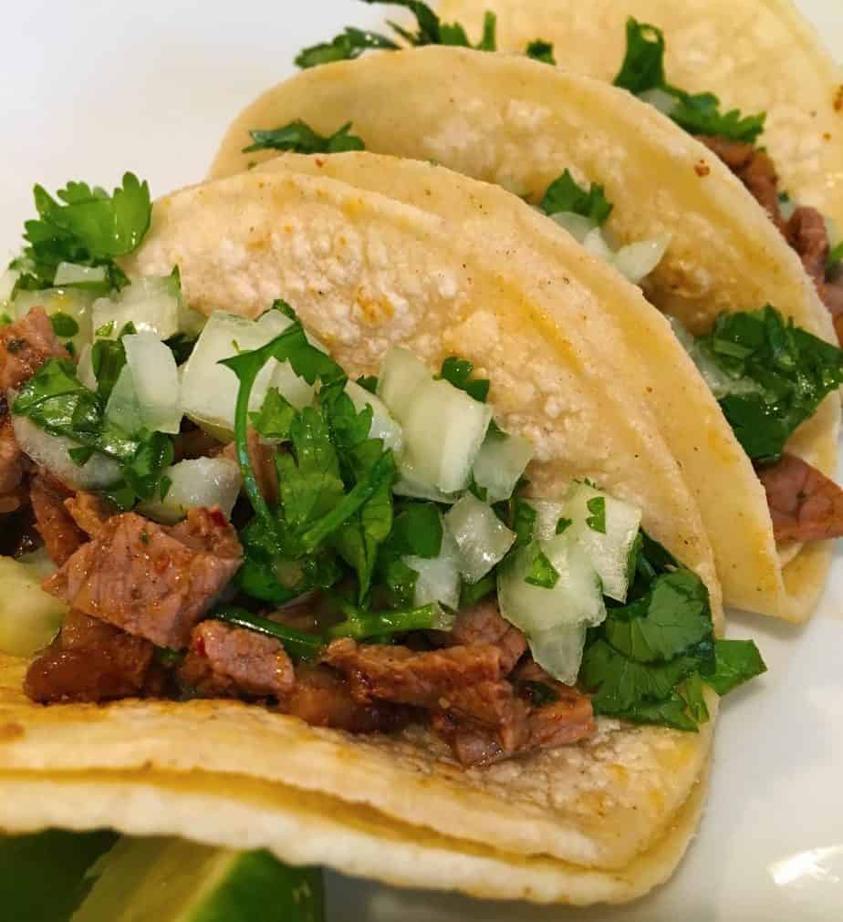 Carne Asada Tacos with cilantro lime onion pico.