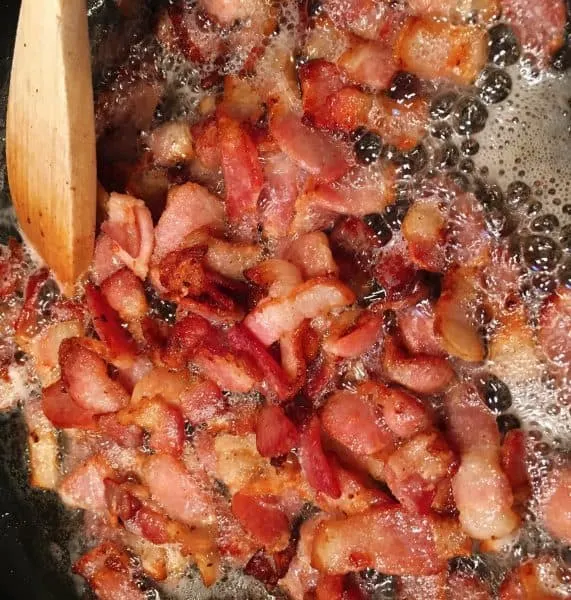 Frying up bacon bits in skillet