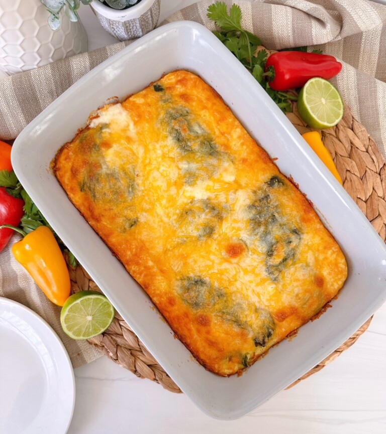 Chili Relleno Casserole in a baking dish.