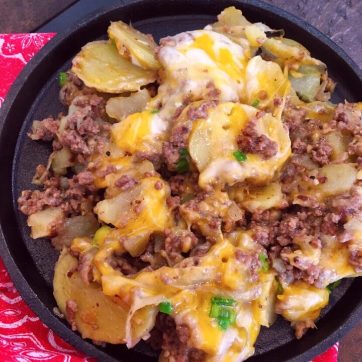 Country Hamburger Skillet dinner in a skillet.