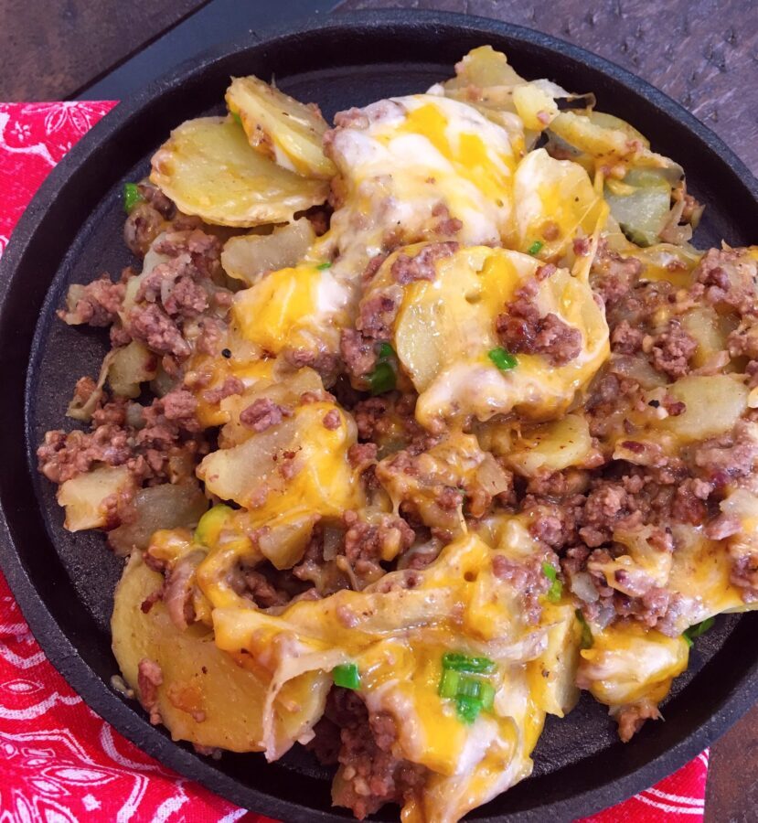 Country Hamburger Skillet dinner in a skillet.