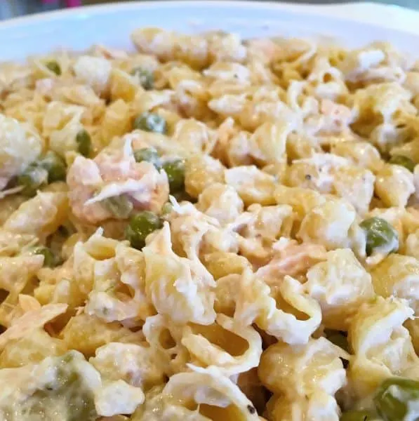 Tuna noodle casserole in the baking dish ready for the cheese and bread crumbs