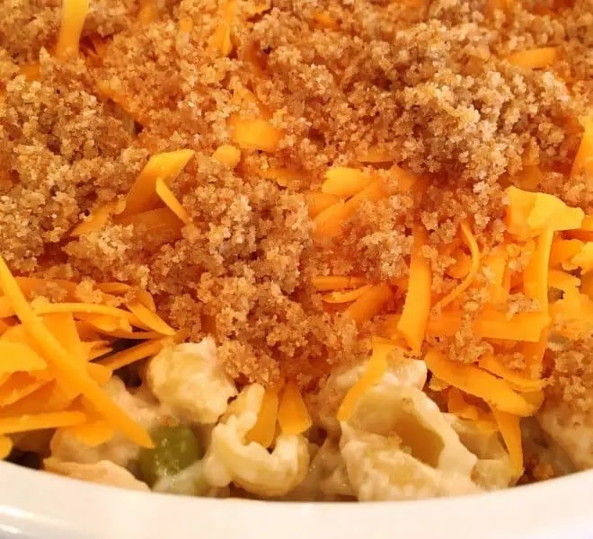 Tuna casserole topped with cheese and bread crumbs