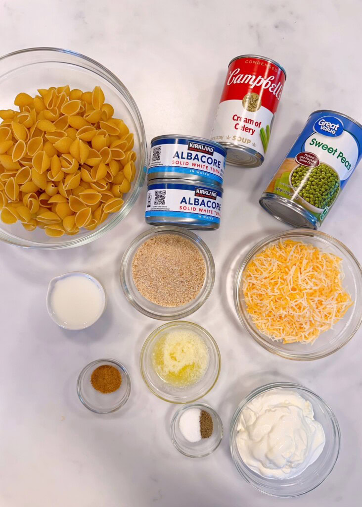 Photo of ingredients needed for Tuna Noodle Casserole.