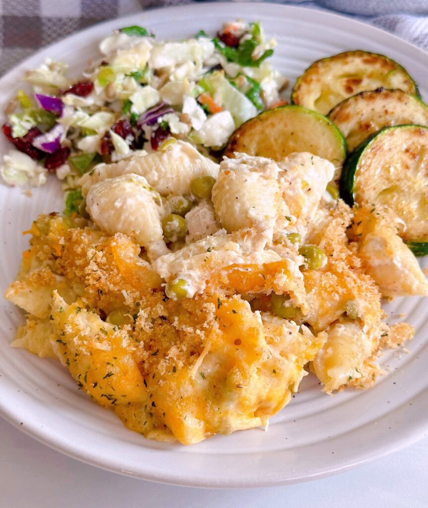 Tuna casserole with delicious side salads and veggies.