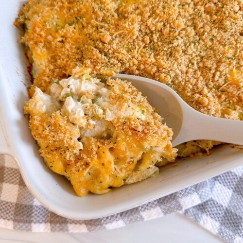 Baked Tuna Noodle Casserole with a serving spoon.