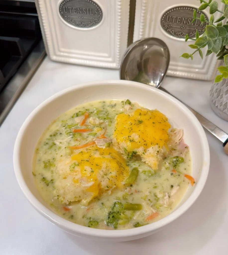 Chicken, broccoli, and cheddar dumpling soup