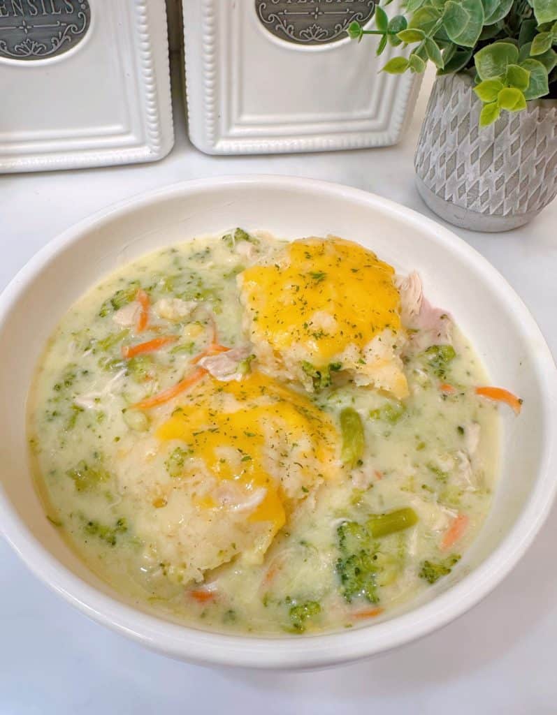 Chicken and Broccoli Soup with Cheddar Dumplings in a bowl