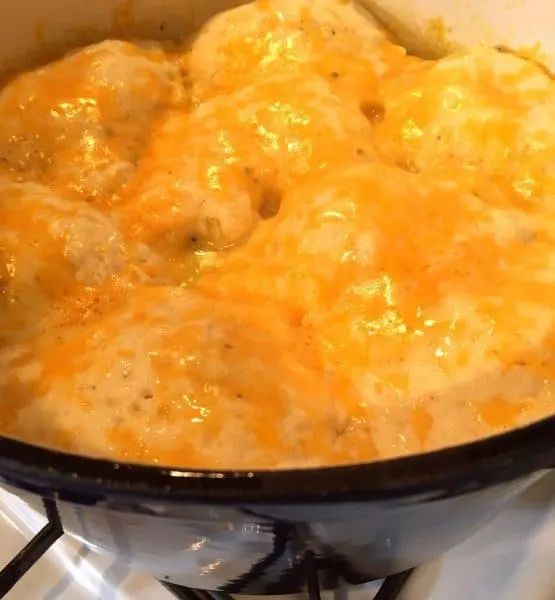 cheddar cheese melted on top of dumplings