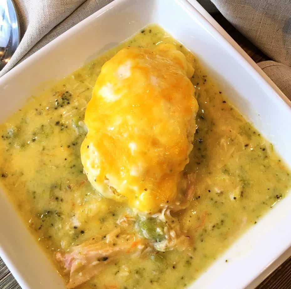 Creamy chicken broccoli soup with cheddar and dumplings