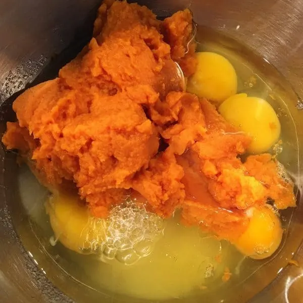 Pumpkin, eggs, oil and wet ingredients for cake in mixing bowl