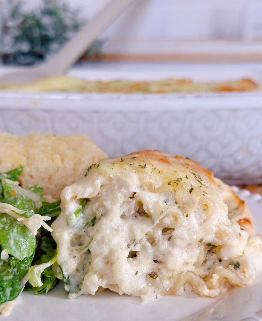 Close-up of Alfredo roll-ups.