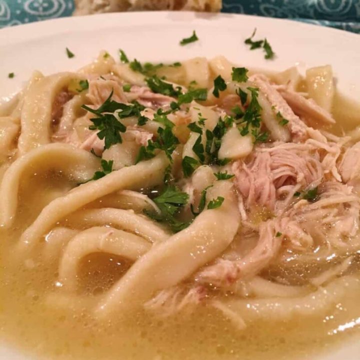 Chicken noodle make with homemade noodles, spices and chicken