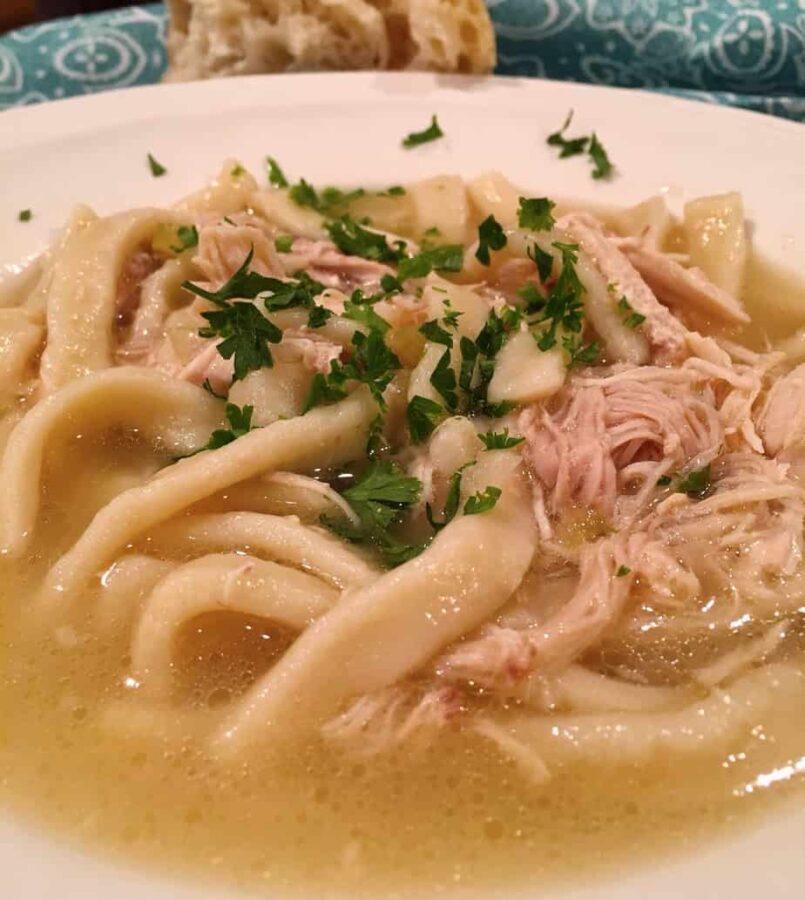 Chicken noodle make with homemade noodles, spices and chicken