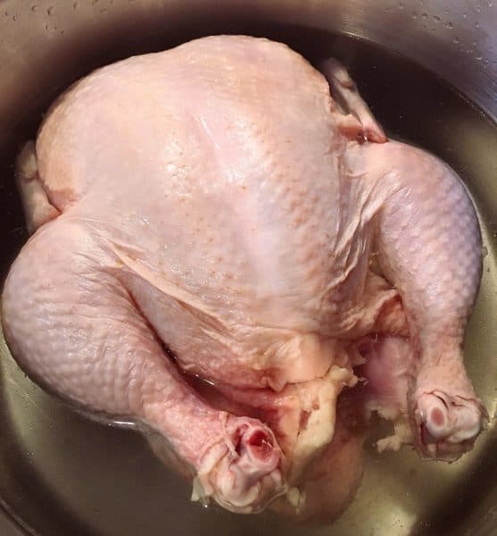 Huge chicken in a pot with water to boil