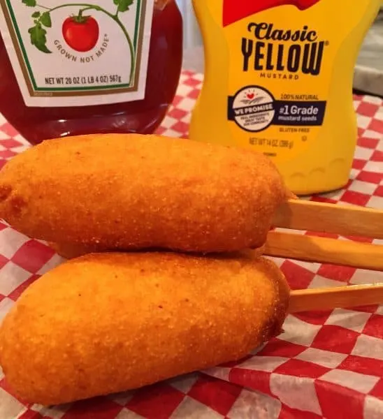 Corn Dogs with Ketchup and Mustard bottles