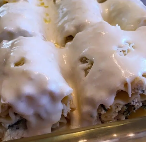 Alfredo sauce poured over the chicken spinach roll ups.