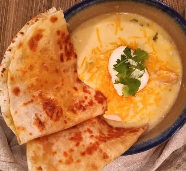 Chicken Enchilada Soup with Grilled Cheese Quesadillas