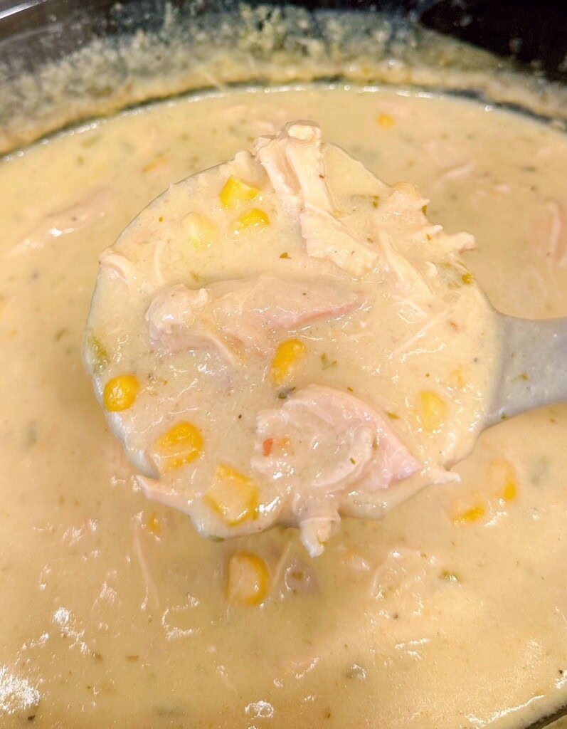 Ladle full of cooked soup.
