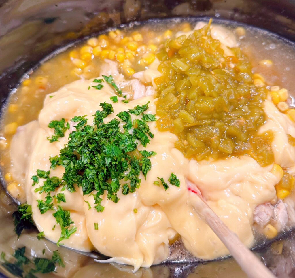Add chilies and cilantro to chicken enchilada soup.