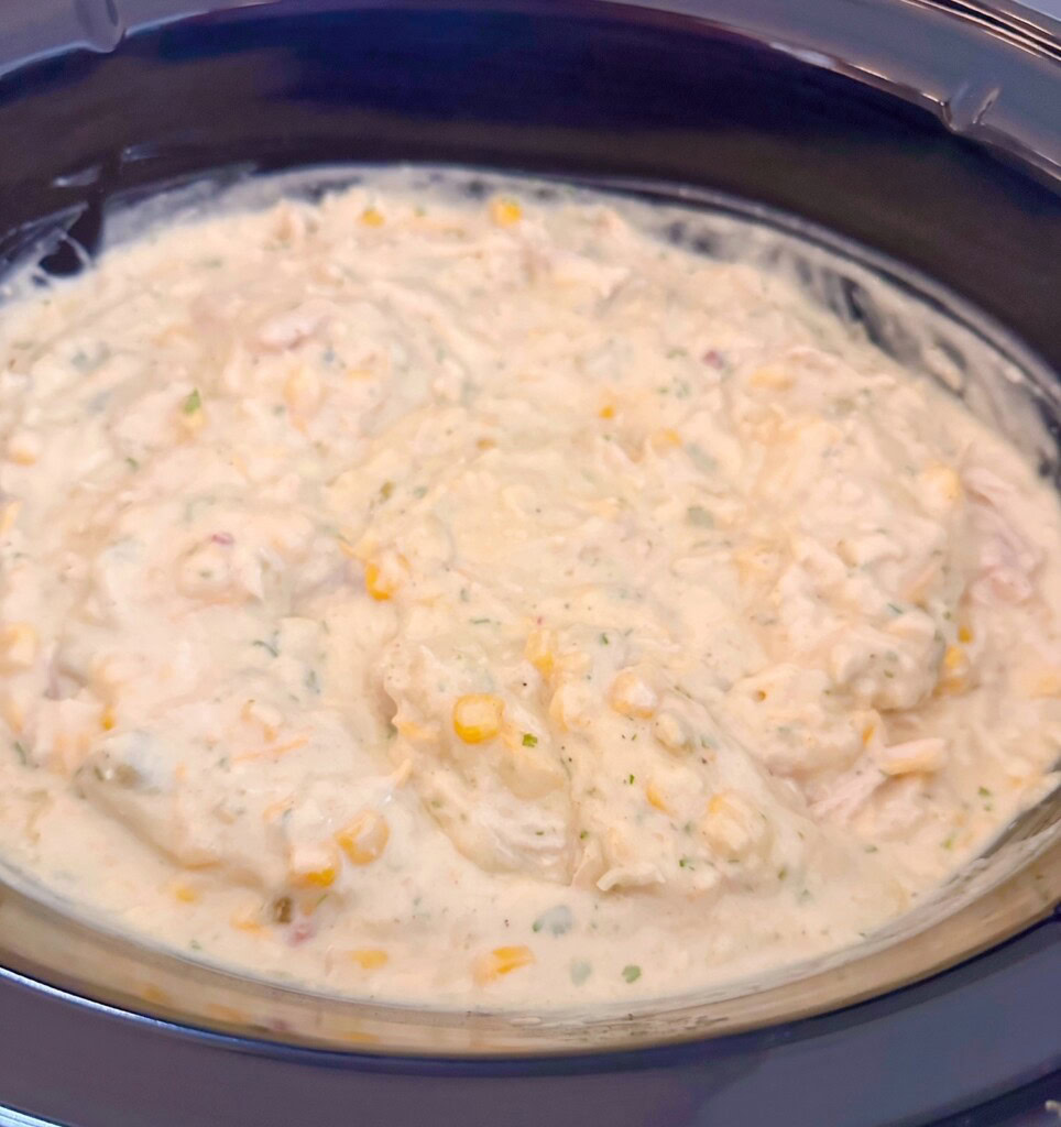 Chicken Enchilada Soup ingredients mixed together.