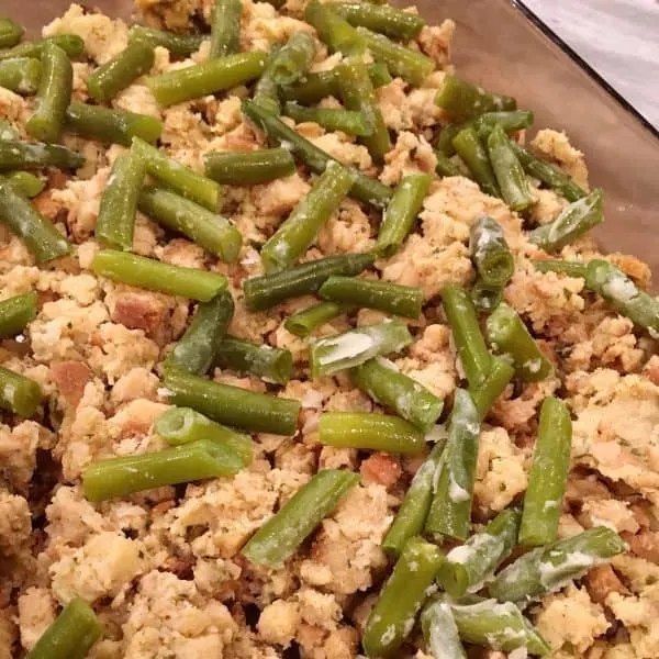 Left over green beans on top of stuffing layer