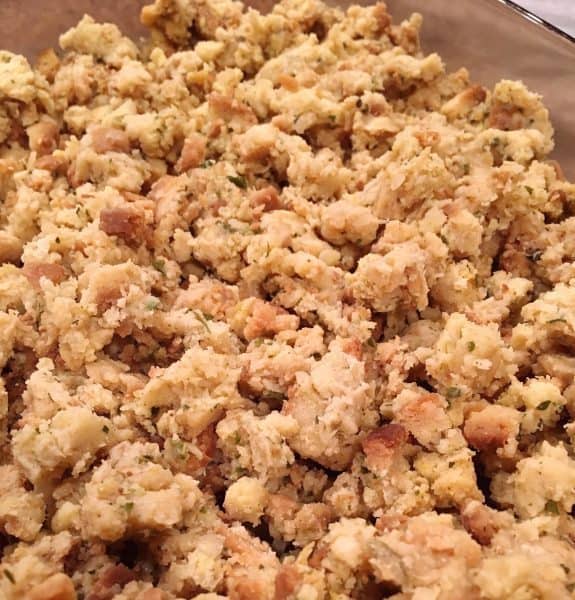 Leftover stuffing in bottom of a casserole dish