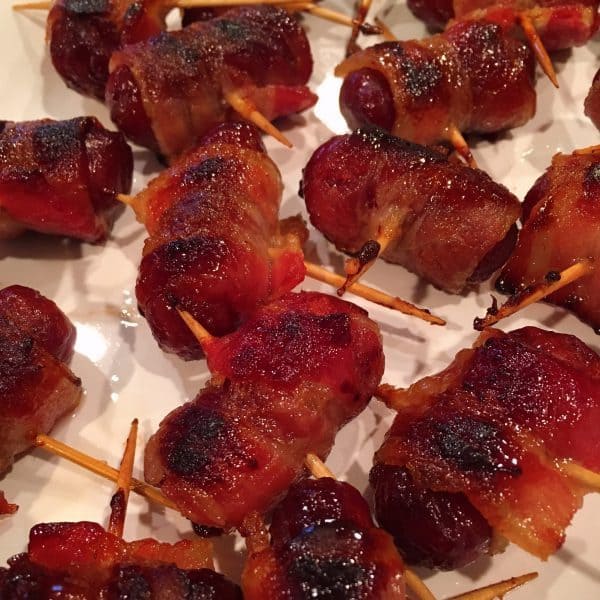 Little smokies wrapped in bacon and glazed in brown sugar