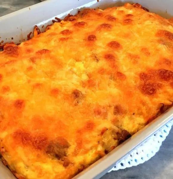 Baked breakfast casserole in casserole dish