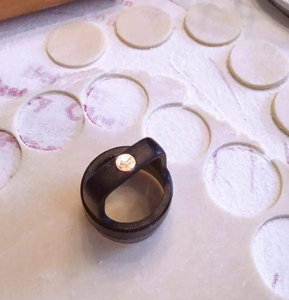Cookie dough rolled out on floured surface and cookies cut out in circles