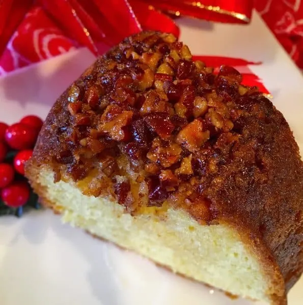 Pecan crusted Rum Cake slice 