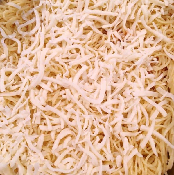 Layer of spaghetti and grated cheese