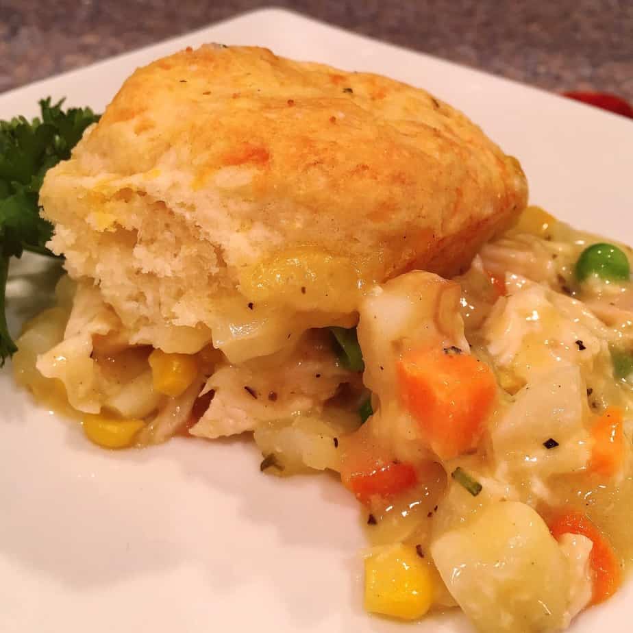 A chicken pot pie made with bisquits