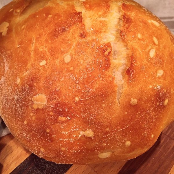 Loaf of no knead artisan bread fresh out of the oven