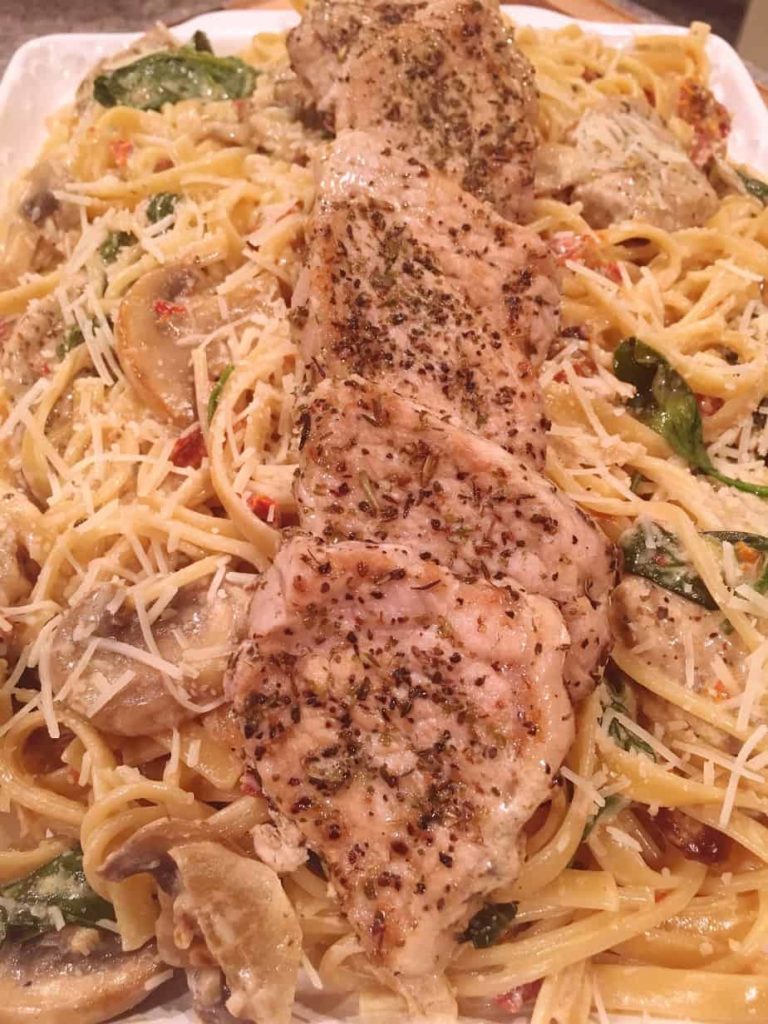 Pork Tenderloin Medallions With Creamy Garlic Spinach Sauce & Pasta