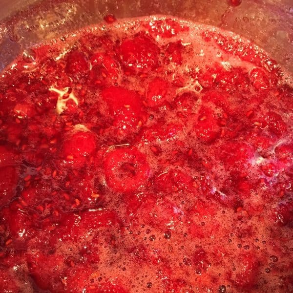 Raspberries, water, and sugar in sauce pan for raspberry syrup ice cream topping.